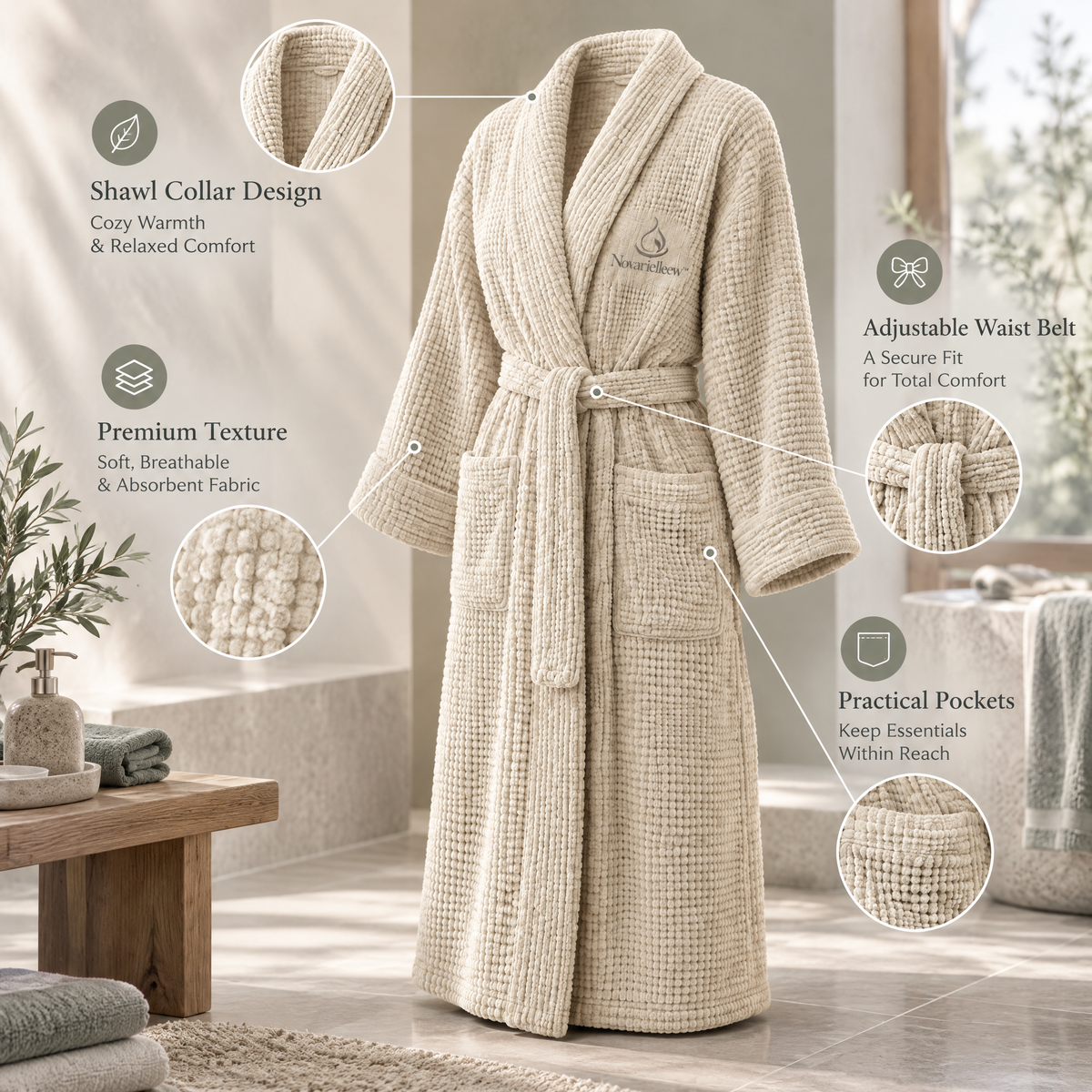 Novarielleew™ Plush Home Spa Robe | Soft Absorbent Shawl-Collar Bathrobe with Adjustable Belt & Pockets