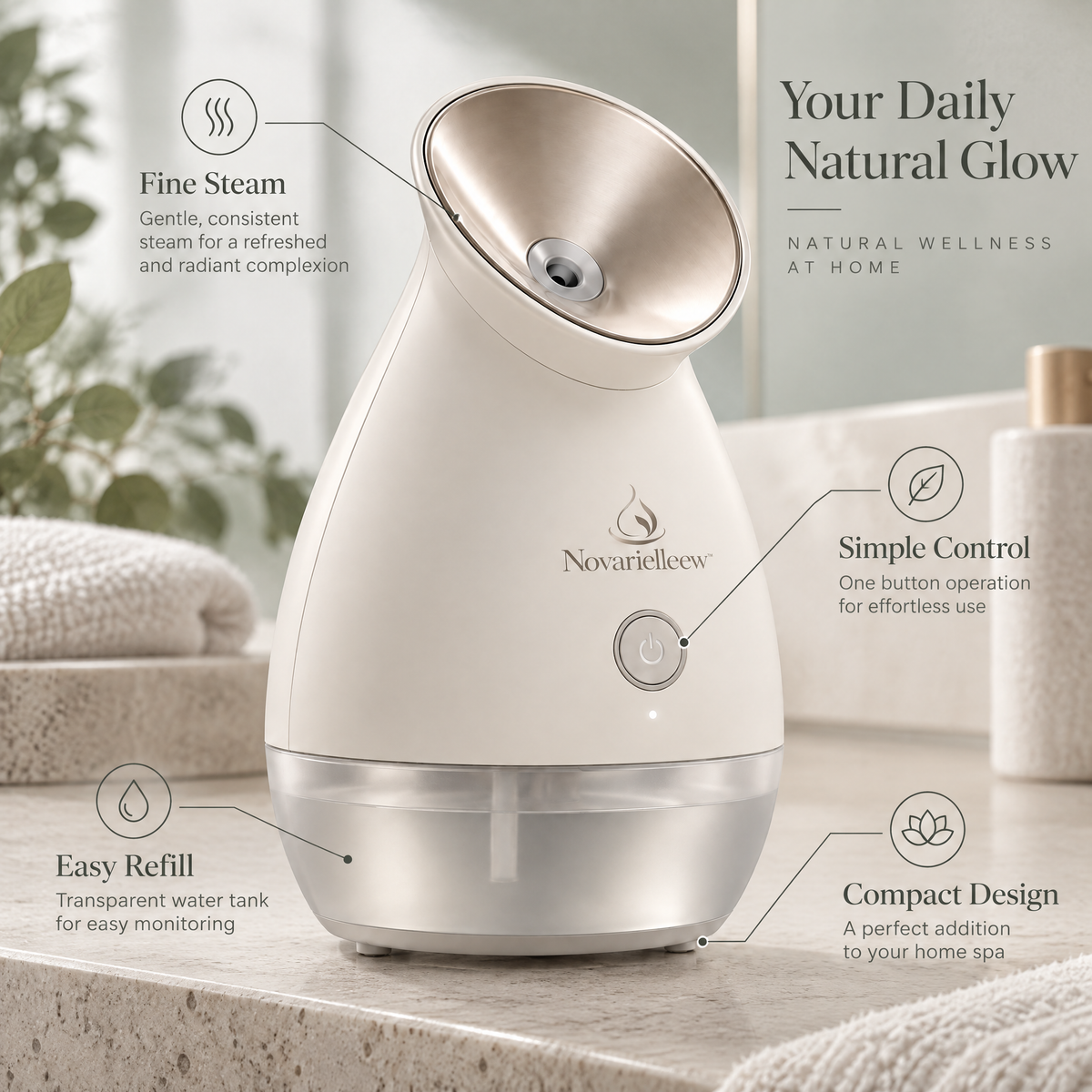 Novarielleew™ Facial Steamer | Fine-Mist Home Spa Face Steamer with Easy-Refill Water Tank