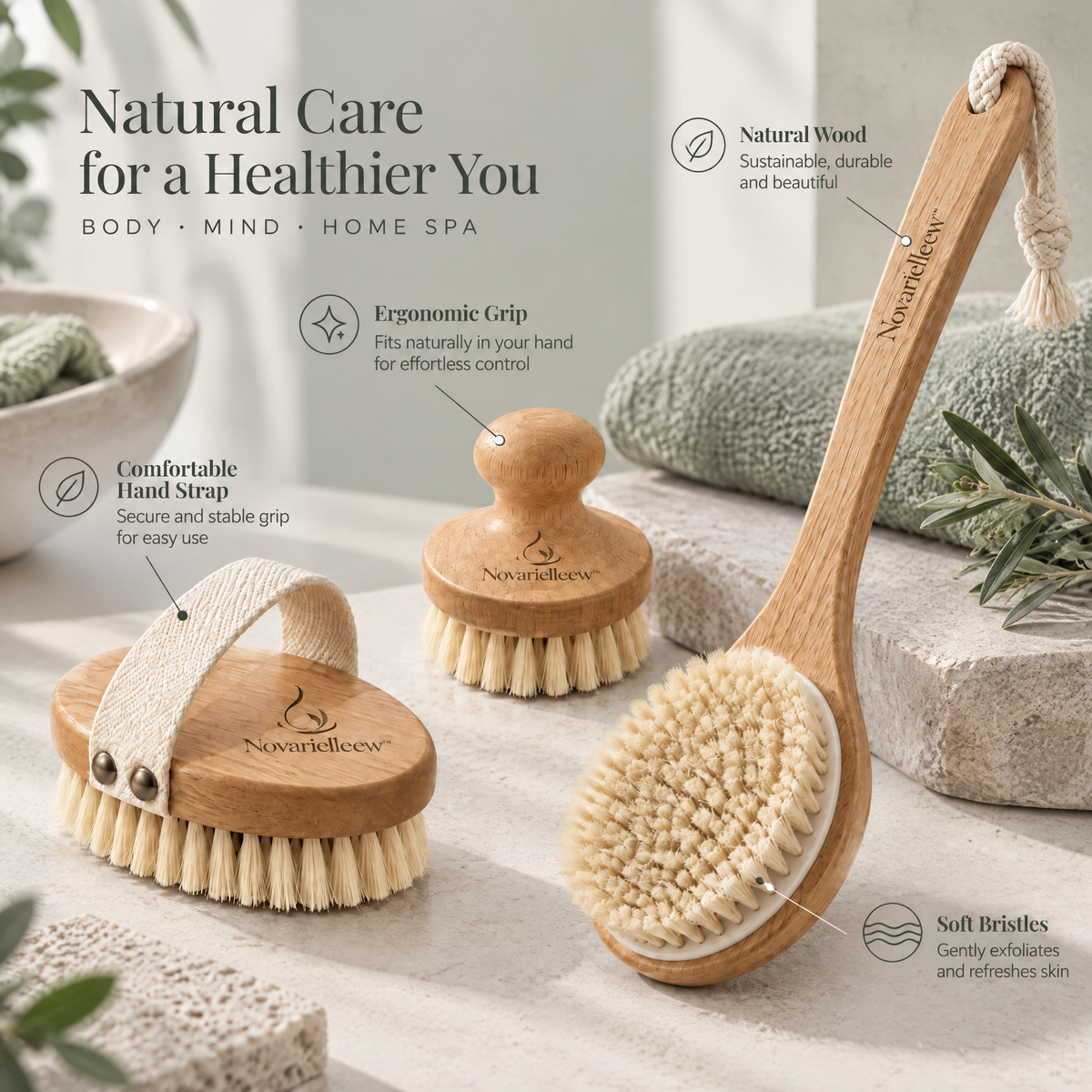 Novarielleew™ Natural Wood Body Brush Set | Long-Handle & Handheld Exfoliating Brushes for Home Spa Care