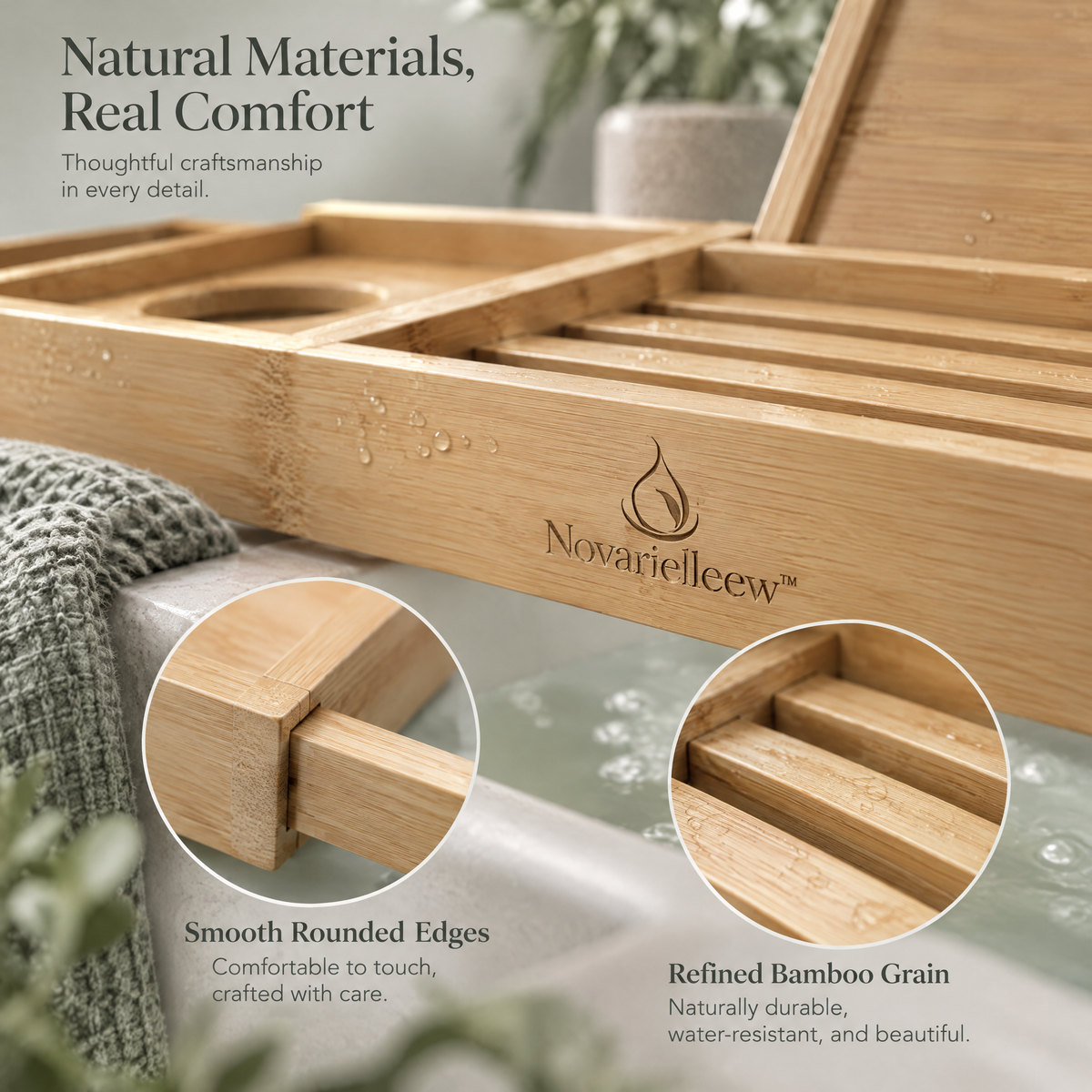 Novarielleew™ Adjustable Bamboo Bathtub Caddy Tray | Expandable Home Spa Bath Tray with Book & Tablet Stand