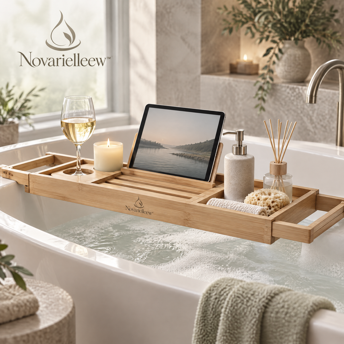 Novarielleew™ Adjustable Bamboo Bathtub Caddy Tray | Expandable Home Spa Bath Tray with Book & Tablet Stand