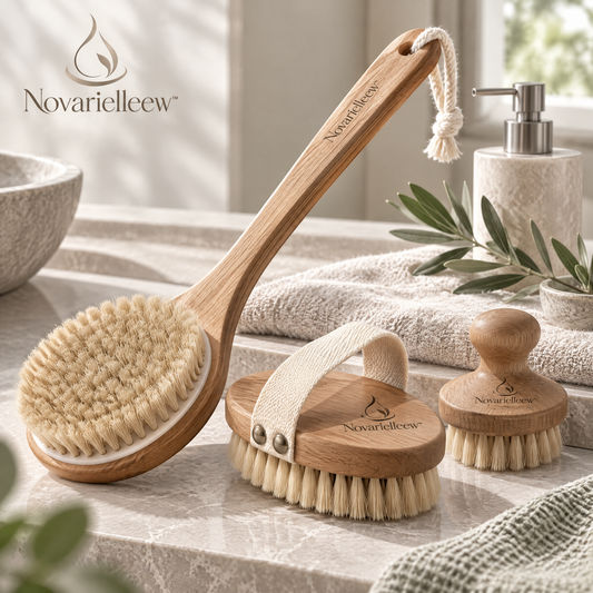 Novarielleew™ Natural Wood Body Brush Set | Long-Handle & Handheld Exfoliating Brushes for Home Spa Care