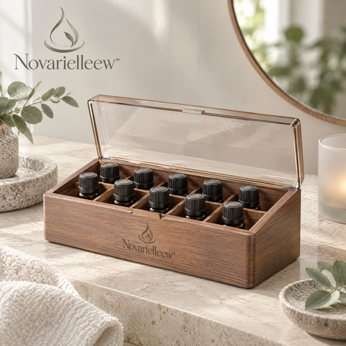 Novarielleew™ Natural Wood Home Spa Organizer Box | 10-Compartment Wellness Storage Case with Clear Lid