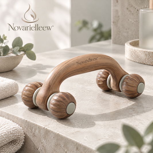 Novarielleew™ Natural Wood Body Massage Roller | Four-Wheel Handheld Massager for Home Spa & Self-Care