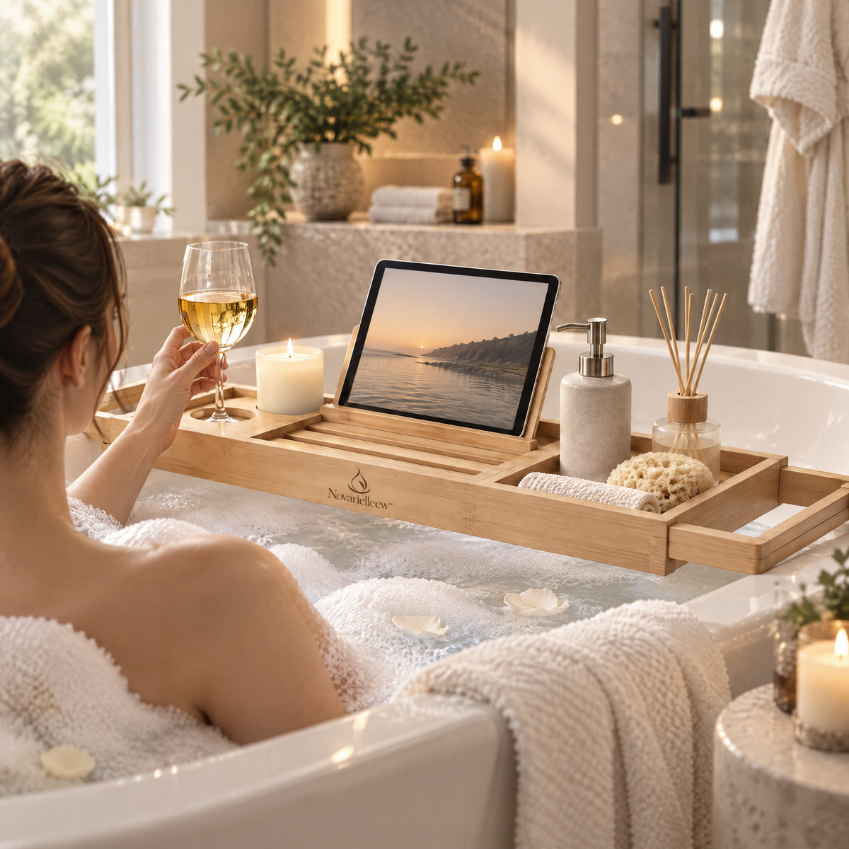 Novarielleew™ Adjustable Bamboo Bathtub Caddy Tray | Expandable Home Spa Bath Tray with Book & Tablet Stand