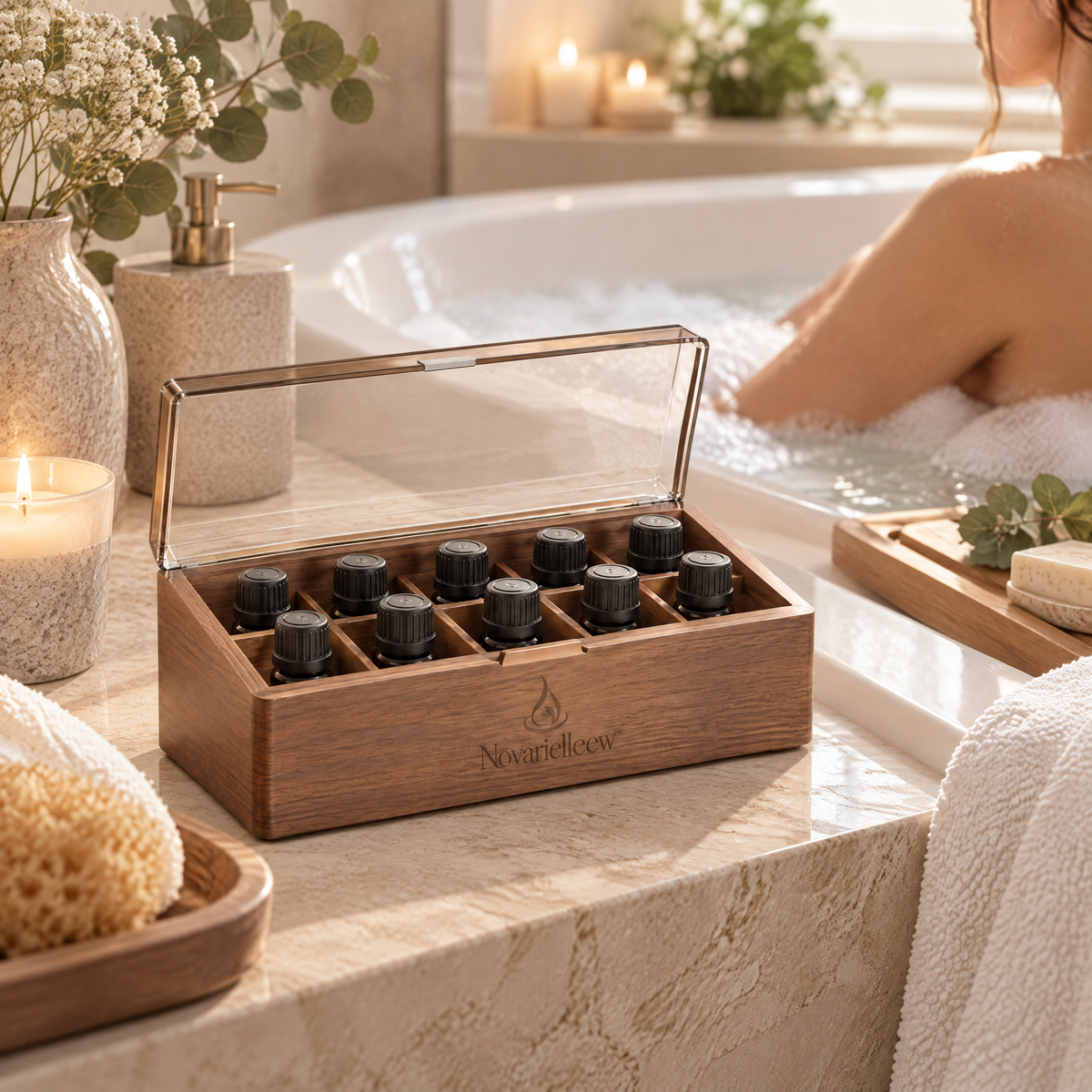 Novarielleew™ Natural Wood Home Spa Organizer Box | 10-Compartment Wellness Storage Case with Clear Lid