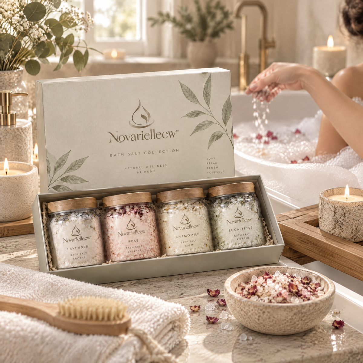 Novarielleew™ Botanical Bath Salt Collection | 4-Scent Home Spa Soaking Gift Set