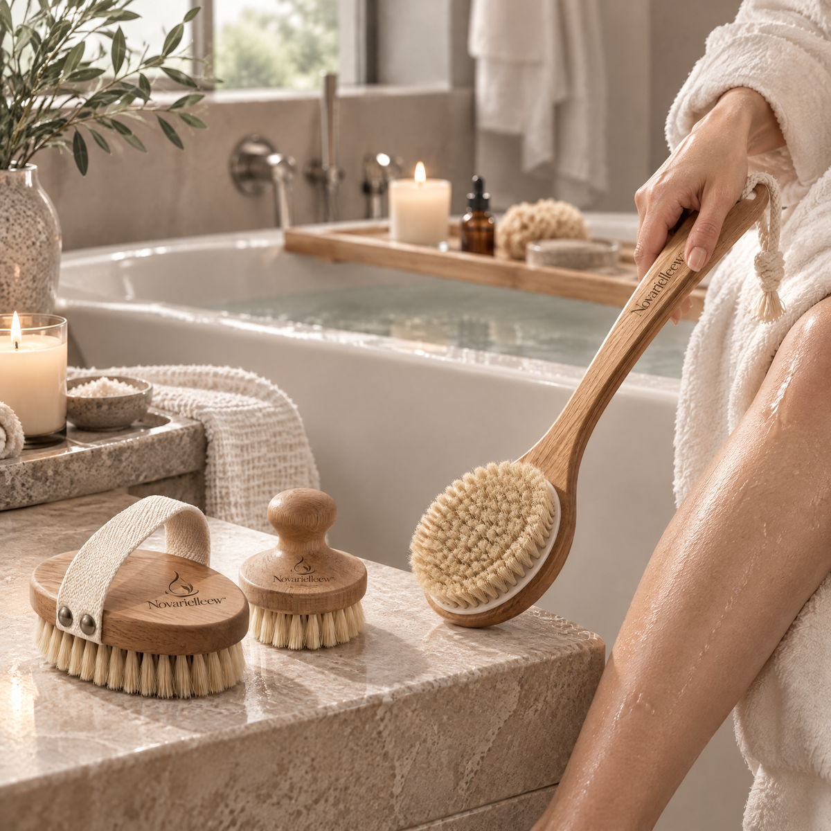 Novarielleew™ Natural Wood Body Brush Set | Long-Handle & Handheld Exfoliating Brushes for Home Spa Care