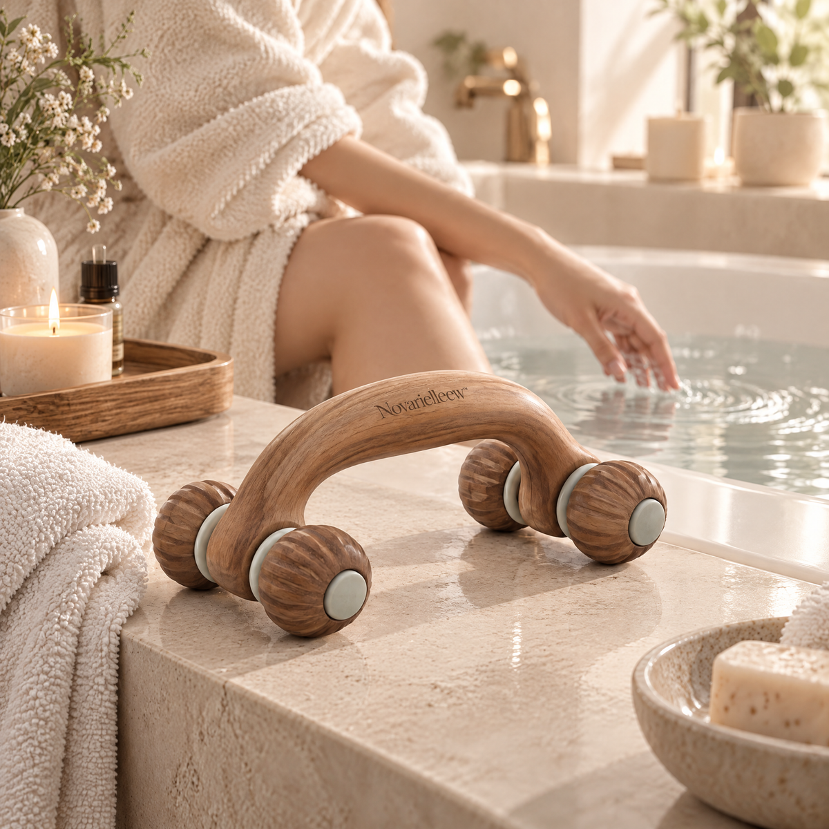 Novarielleew™ Natural Wood Body Massage Roller | Four-Wheel Handheld Massager for Home Spa & Self-Care