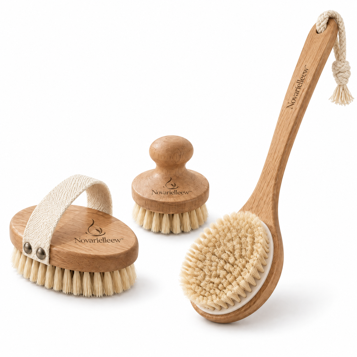 Novarielleew™ Natural Wood Body Brush Set | Long-Handle & Handheld Exfoliating Brushes for Home Spa Care