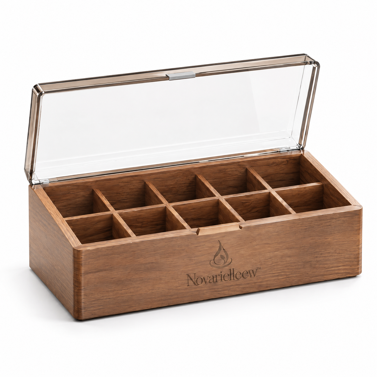 Novarielleew™ Natural Wood Home Spa Organizer Box | 10-Compartment Wellness Storage Case with Clear Lid