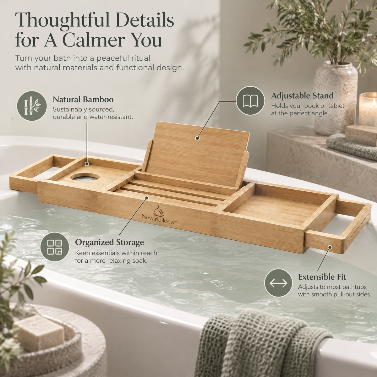Novarielleew™ Adjustable Bamboo Bathtub Caddy Tray | Expandable Home Spa Bath Tray with Book & Tablet Stand