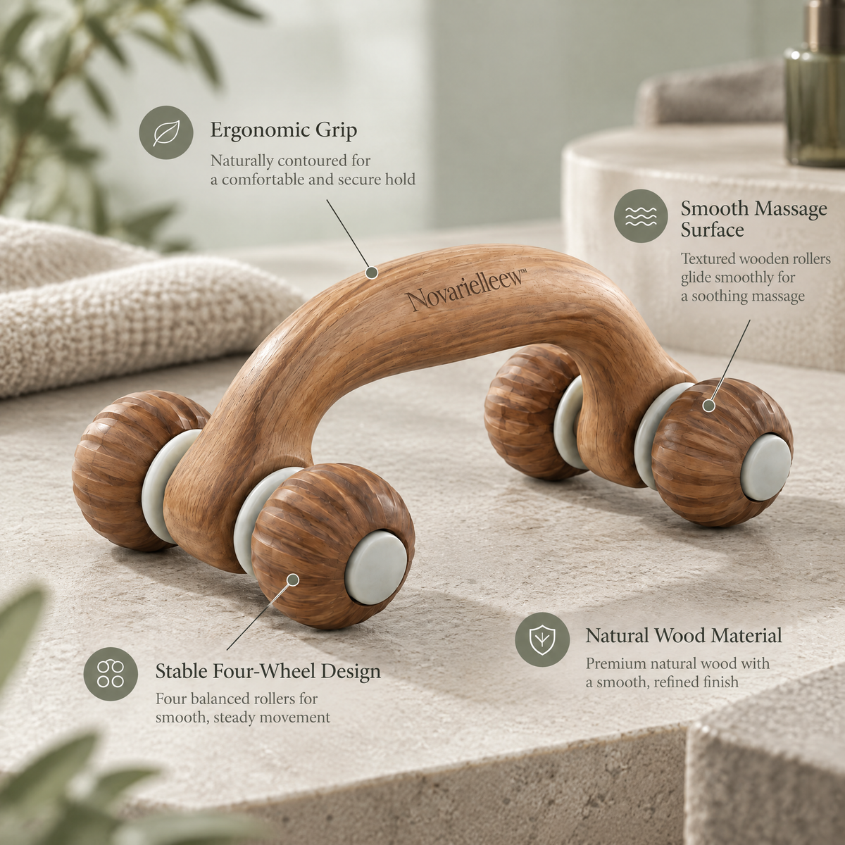 Novarielleew™ Natural Wood Body Massage Roller | Four-Wheel Handheld Massager for Home Spa & Self-Care