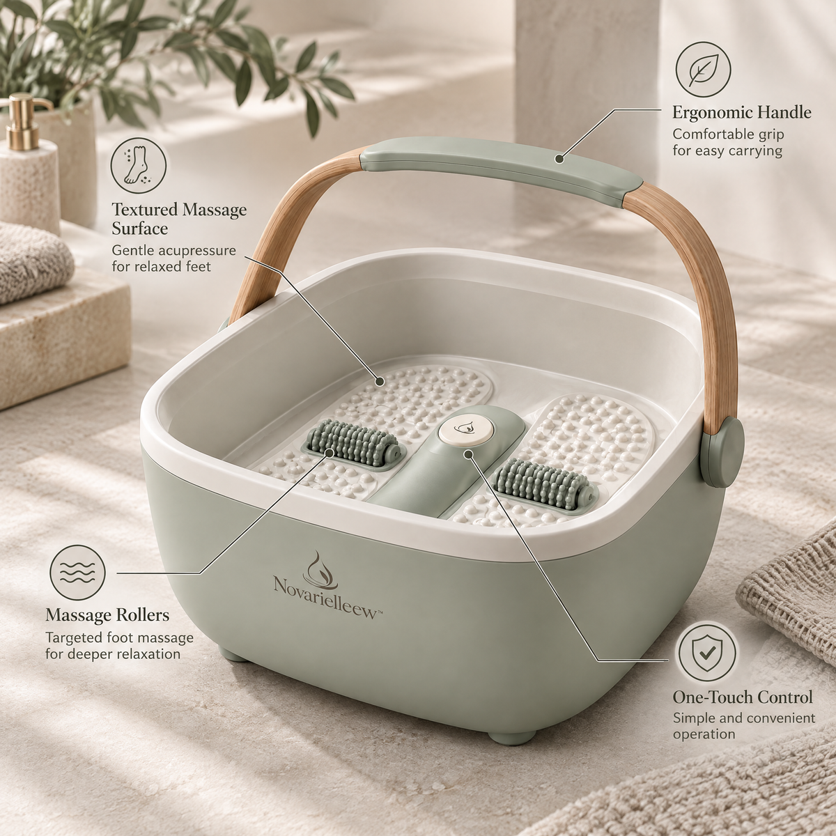 Novarielleew™ Home Spa Foot Bath Basin | Portable Foot Soaking Tub with Massage Rollers & One-Touch Control