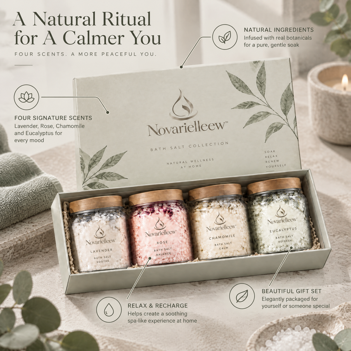 Novarielleew™ Botanical Bath Salt Collection | 4-Scent Home Spa Soaking Gift Set