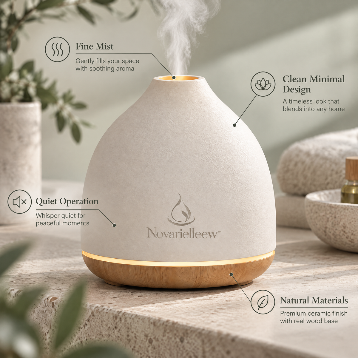 Novarielleew™ Home Spa Aroma Diffuser | Compact Ambient Mist Diffuser with Warm Glow