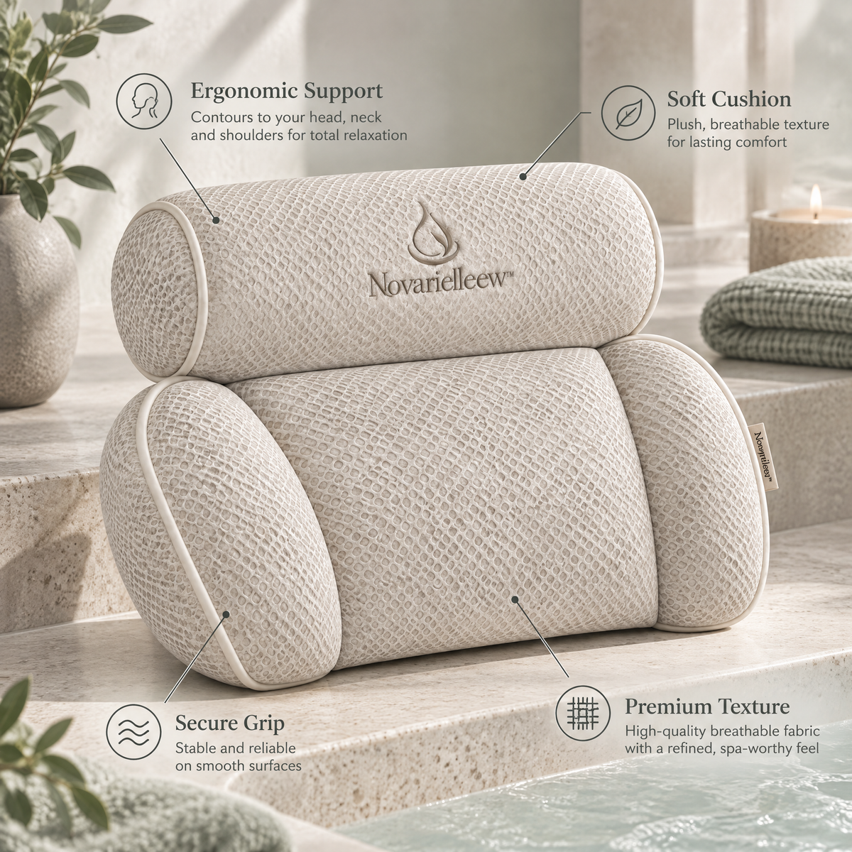 Novarielleew™ Luxury Bath Pillow | Cushioned Head, Neck & Shoulder Support for Home Spa Soaking