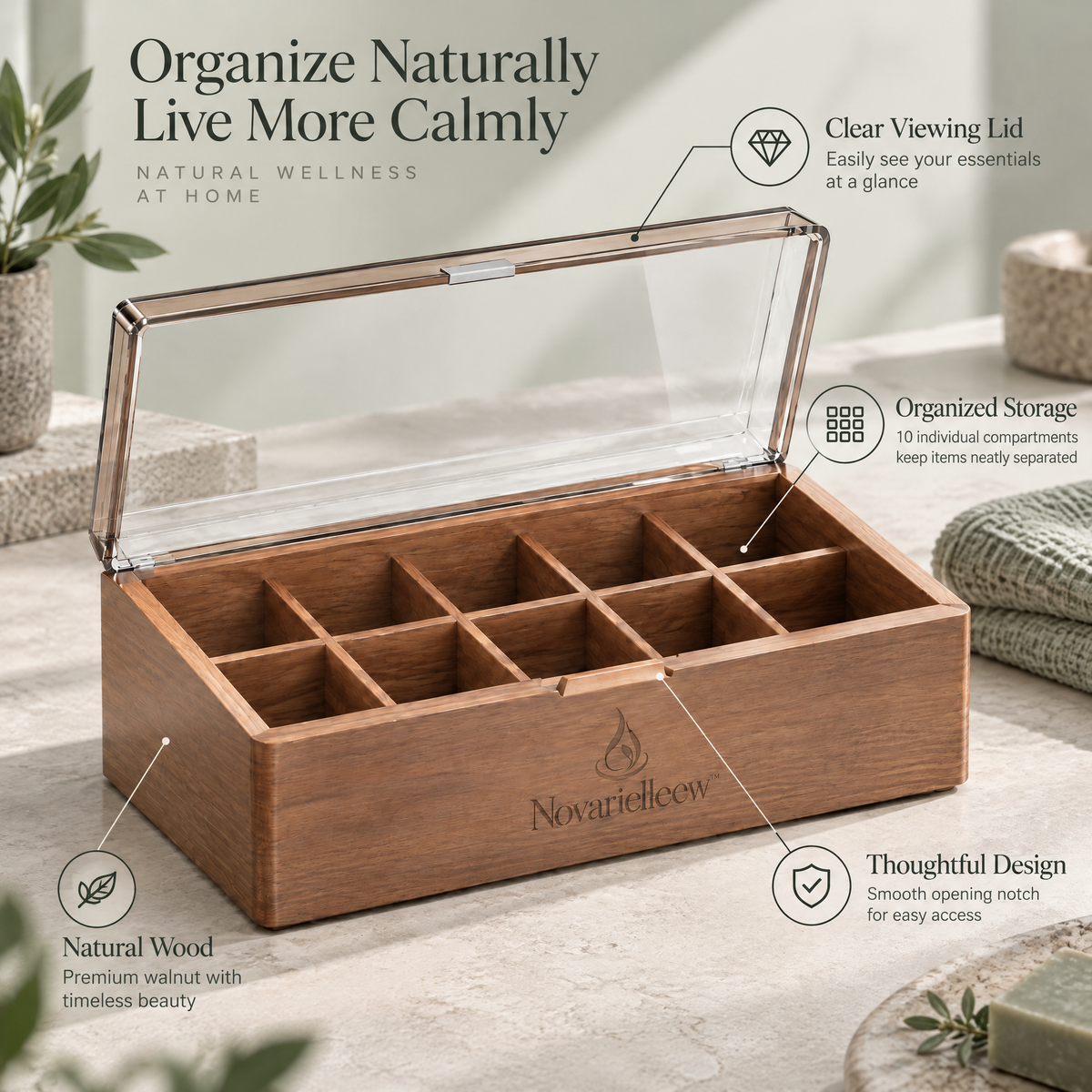 Novarielleew™ Natural Wood Home Spa Organizer Box | 10-Compartment Wellness Storage Case with Clear Lid