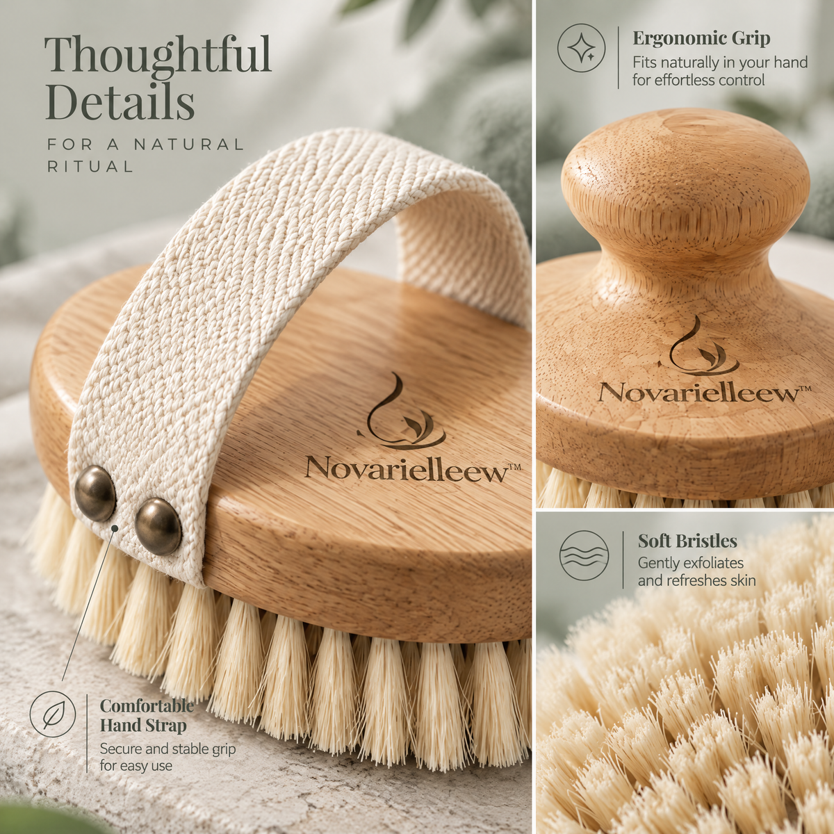Novarielleew™ Natural Wood Body Brush Set | Long-Handle & Handheld Exfoliating Brushes for Home Spa Care
