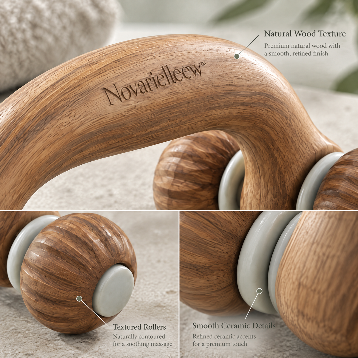 Novarielleew™ Natural Wood Body Massage Roller | Four-Wheel Handheld Massager for Home Spa & Self-Care