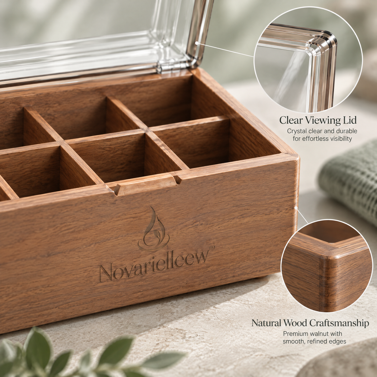 Novarielleew™ Natural Wood Home Spa Organizer Box | 10-Compartment Wellness Storage Case with Clear Lid