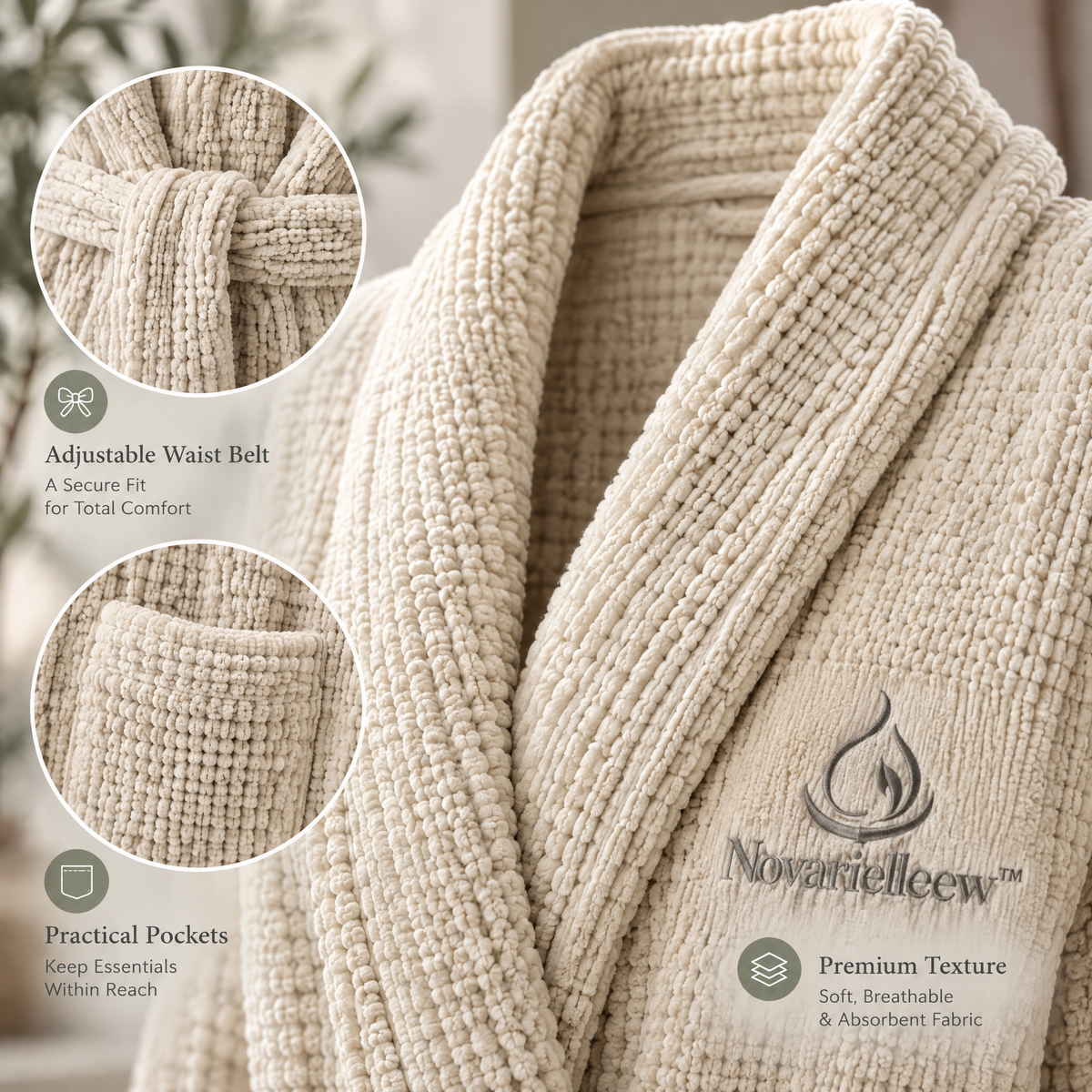 Novarielleew™ Plush Home Spa Robe | Soft Absorbent Shawl-Collar Bathrobe with Adjustable Belt & Pockets